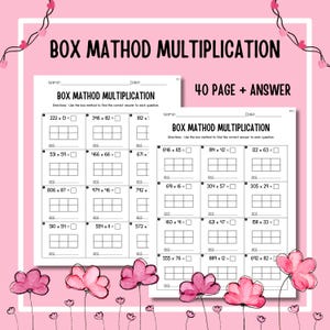 Box Method Multiplication , Area Model , 3 Digit by 2 Digit , Math Worksheets