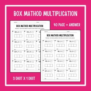 Box Method Multiplication , Area Model , 3 Digit by 1 Digit , Math Worksheets