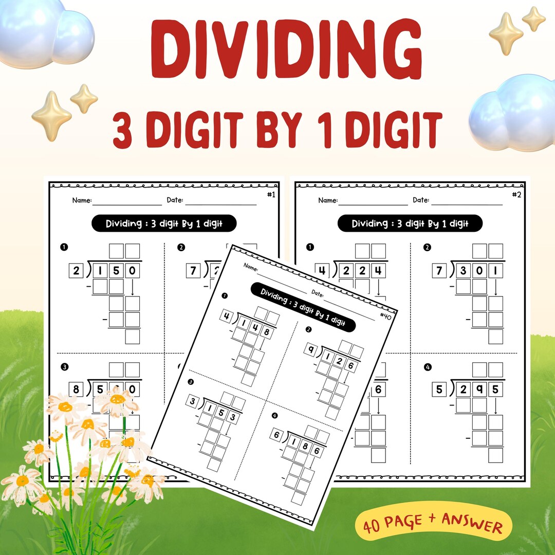 3 Digit by 1 Digit Long Division Worksheets (2 Digit Answer) - Etsy