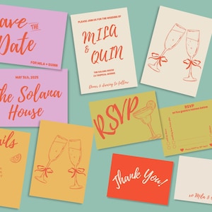 Lot de faire-part de mariage cocktail moderne | Réservez la date, coloré et audacieux + RSVP + détails + merci | Modèle de toile