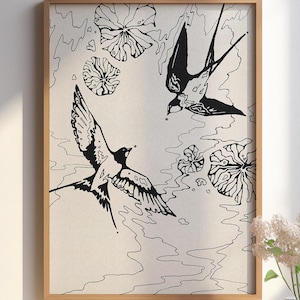 Rondini su uno stagno di ninfee / Stampa artistica da parete con uccelli in bianco e nero / Disegno moderno della natura / Illustrazione minimalista di una rondine