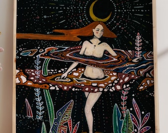 Mystical Moon Goddess Art Print: Surreal Boho Woman, Celestial Decor