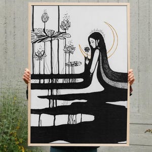 Lámina artística de la diosa lunar Loto / Ilustración minimalista en blanco y negro
