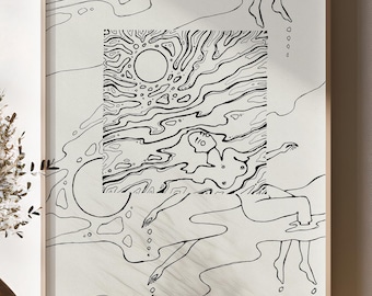 Surreal Female Figure Art Print: Minimalist Black and White Line Drawing