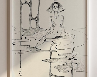 Surreal Lotus Woman Art Print | Black and White Mystical Line Drawing