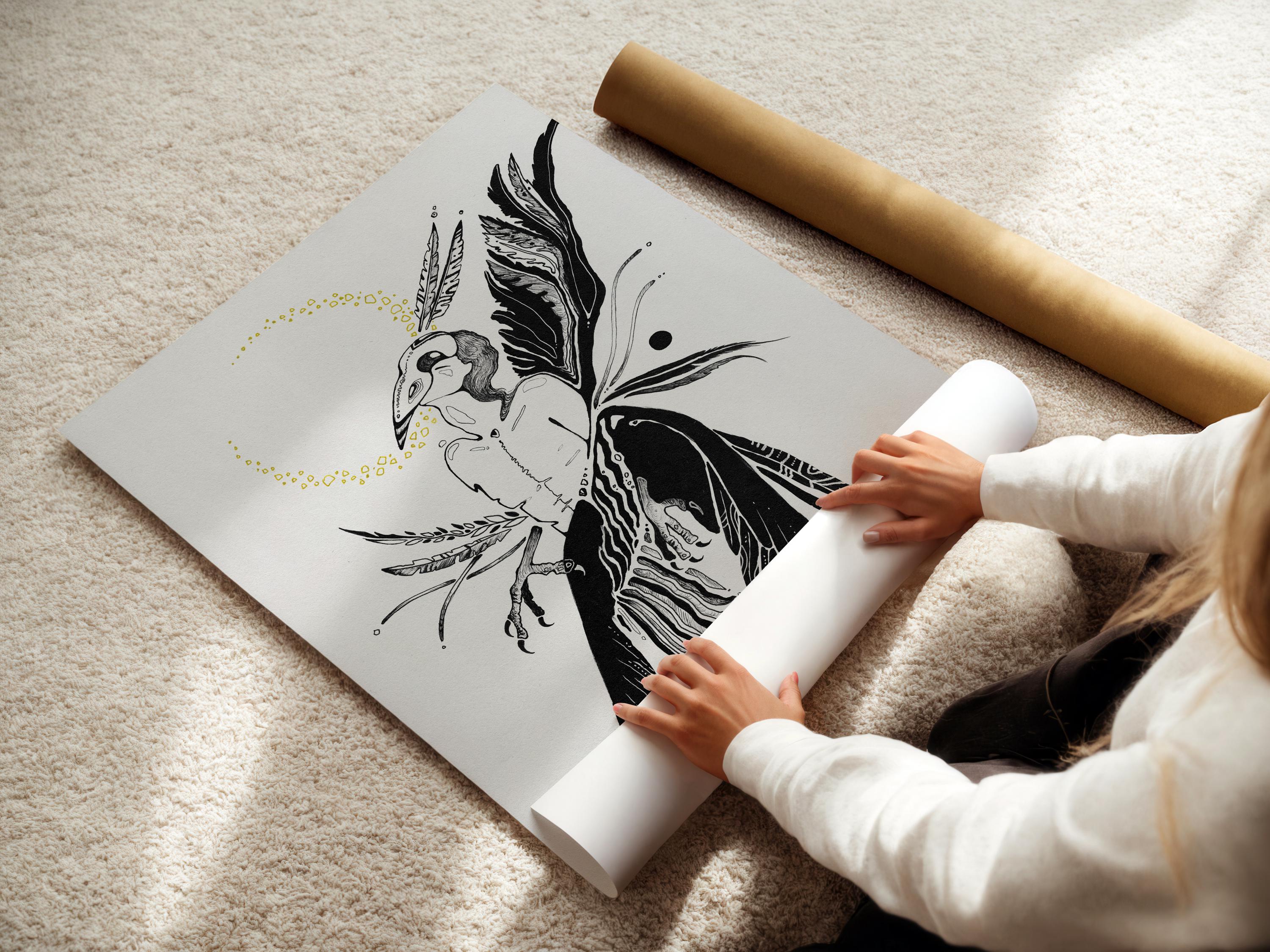 Human to Crow Metamorphosis Art Print | Surreal Black & Gold ...
