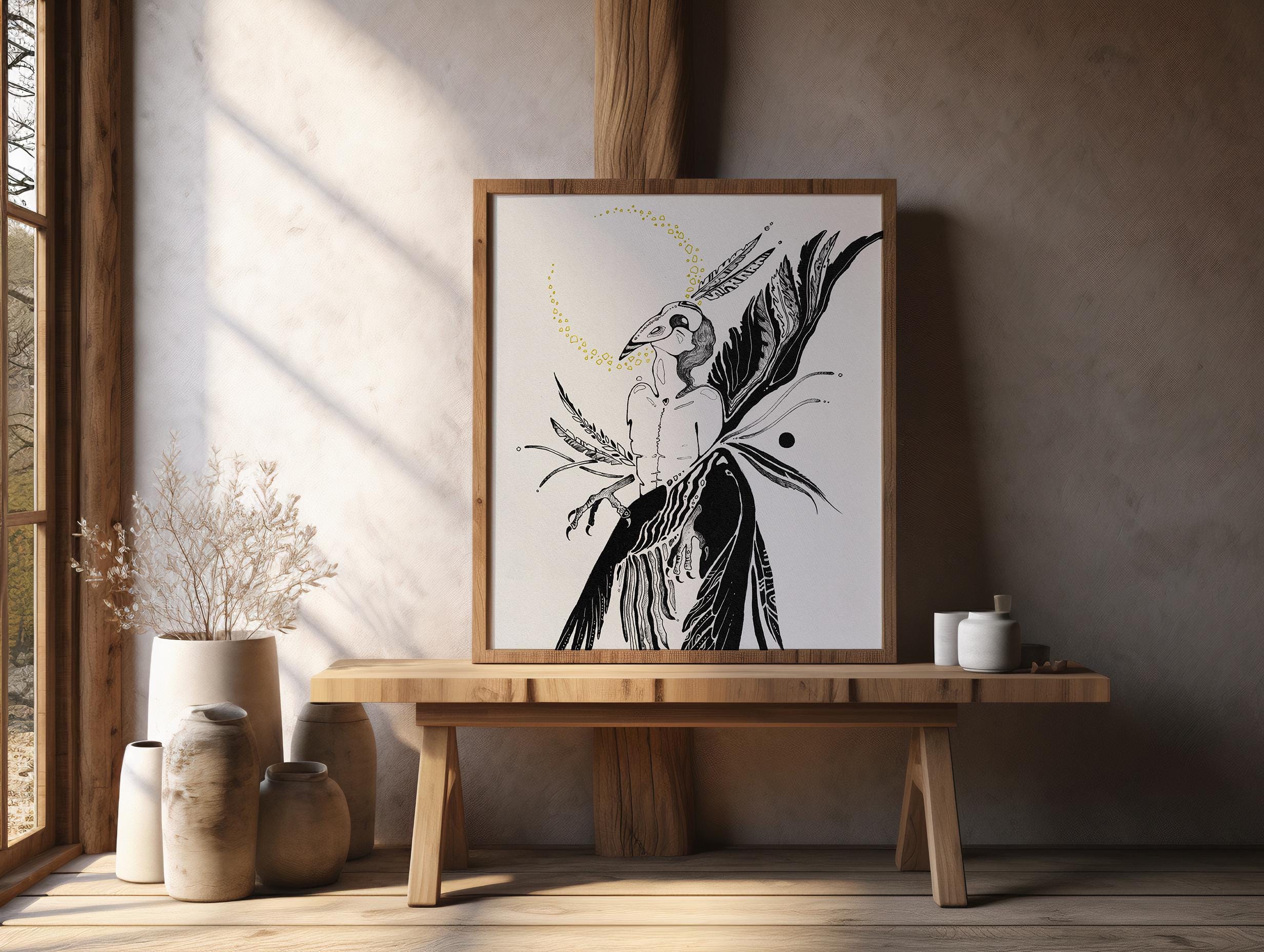 Human to Crow Metamorphosis Art Print | Surreal Black & Gold ...