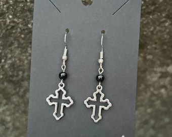 Cross Earrings Edgy Silver Beaded Handmade