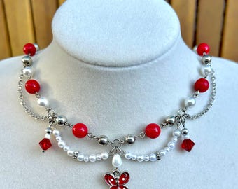 Red and White Butterfly Fairycore Unique Beaded Handmade Necklace for Women