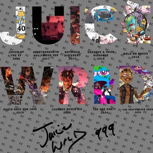 May include: A collage of album covers by the artist Juice Wrld. The covers feature a variety of colors and designs, including a blue car, a pink and blue eye, and a cartoon character. The text "Juice Wrld" is written in black and white in the bottom center of the image.
