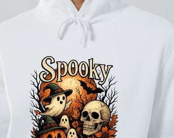 Vintage Halloween Art Print: Spooky Ghosts, Pumpkin, Witch Hat (PNG Digital Download)