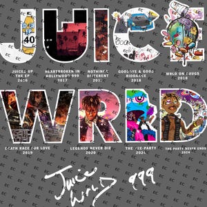 May include: A collage of album covers for the rapper Juice Wrld. The album covers feature various images of Juice Wrld, including a close-up of his face, a cartoon of him, and a photo of him with a group of people. The album covers are arranged in a grid pattern, with the title "Juice Wrld" written in large, white letters across the top. The album covers are all in different colors and styles, and they are all surrounded by a black border.