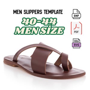 May include: Brown leather sandal with a cross-strap design. The sandal has a flat sole and a toe loop. The image includes the text "MEN SLIPPERS TEMPLATE" and "40-44 MEN SIZE".