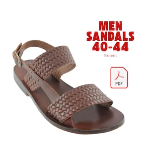 May include: Brown leather sandals with a woven strap design. The sandals have a buckle closure and are labelled "MEN SANDALS 40-44". A PDF icon is also present.
