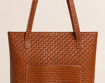 Genuine Leather Tote Bag, Handmade Woven Shoulder Purse, Women’s Everyday Shopper