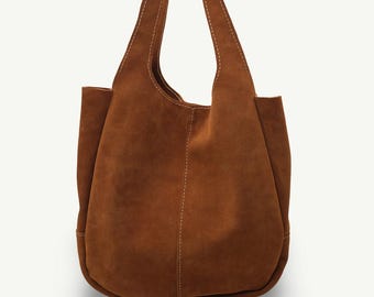 Handmade Suede Leather Shoulder Bag: Large Boho Tote (40x35x18 cm)