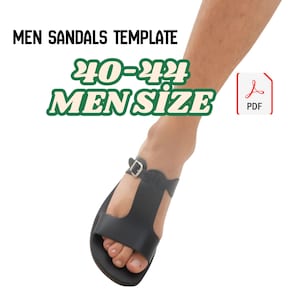 May include: Black leather sandal with a buckle closure. The sandal is part of a template for men's sandals, with text indicating sizes 40-44 and the words "MEN SIZE". A PDF icon is also visible.
