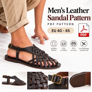 Könnte beinhalten: Ein digitales PDF-Schnittmuster für Ledersandalen in den EU-Größen 40-45. Das Design zeigt ein Obermaterial aus dunkelbraunen, geflochtenen Riemen mit verstellbarem Knöchelriemen und einer messingfarbenen Schnalle sowie Symbole für die Lederverarbeitung.