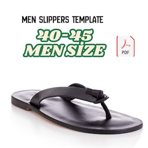 May include: Black leather flip-flop sandal with a thong strap design. The sandal features a simple, minimalist style. The image includes text that reads "MEN SLIPPERS TEMPLATE" and "40-45 MEN SIZE". A PDF icon is also present.
