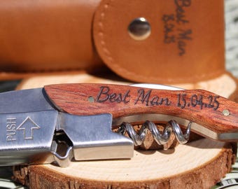 Engraved Corkscrew Wine Opener with Holster, Personalized Wooden Handle