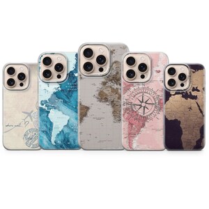 May include: A collection of five phone cases with world map designs. The cases feature various color schemes, including blue, brown, and pink, with a compass rose on one. The cases are designed to fit a smartphone.