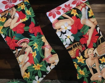 Aloha Pinup Girl Stocking with Poinsettias