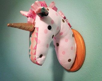 Custom-Made, Wall-Mounted Stuffed Unicorn Head, Faux Taxidermy