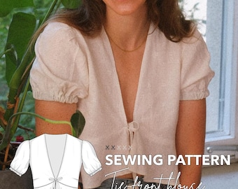 Sewing pattern for a tie blouse with ruffles and puff sleeves for summer - EU 32 - EU 52