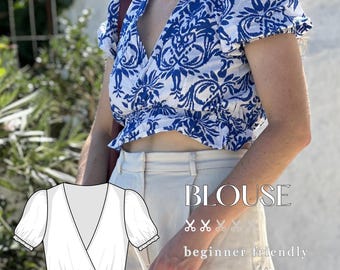 DIY summer blouse sewing pattern, V-neck, puff sleeves, cropped