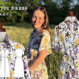 Puede incluir: Vestido midi blanco con estampado floral en amarillo, morado y verde. El vestido tiene mangas cortas, una parte delantera abotonada y una cintura con lazo. El texto "MIDI DRESS" está en la parte superior de la imagen.