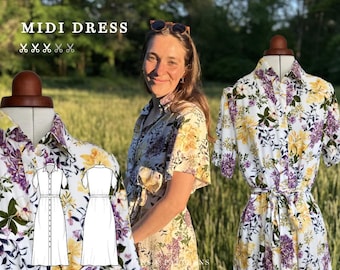 DIY summer dress midi dress pattern, beginners to advanced, chic dress with button placket and collar
