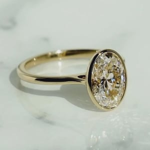 2CT Oval Moissanite Engagement Ring: 14k Gold Bezel Set Wedding Band