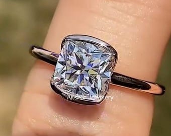 Cushion Cut Moissanite Diamond Solitaire Wedding Bridal Ring Lab Grown Diamond Half Bezel Set Anniversary Propose Ring Gift For Her