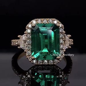 Emerald Cut Moissanite Diamond Halo Engagement Ring With Solid Gold Green Emerald Ruby Anniversary Promise Ring For Her Bridal Propose Ring
