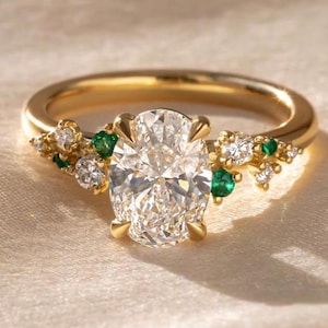 Oval Moissanite Engagement Ring: 14k Gold Art Deco Diamond Wedding Band