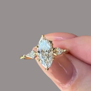 Marquise Cut Moissanite Engagement Diamond Ring, Lab Grown Diamond Anniversary Ring, Solid Gold Three Stone Wedding Ring Gift For Her Bridal