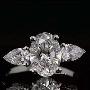 Three Stone Oval And Pear Cut Moissanite Diamond Engagement Ring Lab Grown Diamond Wedding Solid Promise Ring Gift For Her Bridal
