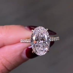 3CT Oval Cut Moissanite Diamond Ring, Lab Grown Solitaire Diamond Ring, Anniversary Ring White Hidden Halo 14k Solid Gold Ring Gift For Her