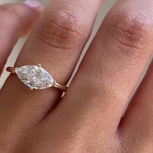 East To West Marquise Cut Solitaire Moissanite Diamond Engagement Ring Solid Gold Solitaire Lab Grown Diamond Anniversary Ring Gift For Her