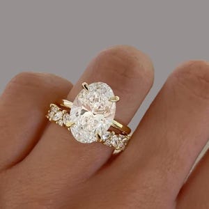 Hidden Halo Oval Cut Bridal Ring Set Lab Grown Diamond Anniversary Ring Solid Gold Moissanite Diamond Engagement Ring, Wedding Promise Ring