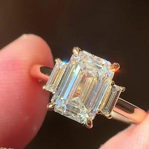 Three Stone Emerald Cut Moissanite Engagement Diamond Ring, Solid Gold Lab Grown Diamond Emerald And Baguette Cut Anniversary Gift For Her