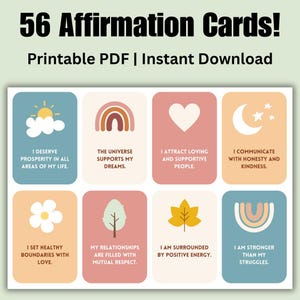 Printable Affirmation Cards Set of 56, Daily Positive Affirmations, Vision Board Manifestation Kit, Self Care & Mindfulness Card