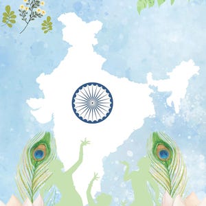 Carte postale indienne colorée, bleu clair, vert clair, rose clair, illustration inspirante, fichier numérique