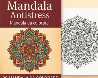 Könnte beinhalten: Ein Malbuch mit dem Titel "Mandala Antistress" mit einem farbenfrohen Mandala-Design auf dem Cover. Das Buch enthält 39 Mandala-Designs zum Ausmalen. Auf der rechten Seite ist ein schwarz-weißes Mandala-Design zu sehen.