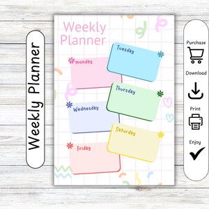 Weekplanner, organisator, grafiek, poster, tijdschema, plan, notitieboekje, afspraken, takenlijst, dagboek, dagboek, digitale download, afdrukken