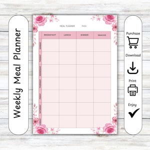 Wekelijkse maaltijdplanner, voedselplanner, takenlijst, tijdschema, notitieboekje, dieetblad, voedingsdagboek, gewichtsverlies, digitale download, direct afdrukken