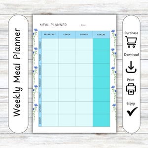 Wekelijkse maaltijdplanner, voedselplanner, takenlijst, tijdschema, notitieboekje, dieetblad, voedingsdagboek, gewichtsverlies, digitale download, direct afdrukken