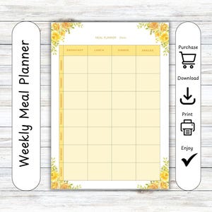 Wekelijkse maaltijdplanner, voedselplanner, takenlijst, tijdschema, notitieboekje, dieetblad, voedingsdagboek, gewichtsverlies, digitale download, direct afdrukken
