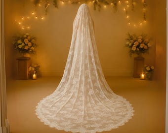 Vintage Lace Mantilla Veil, Long Bridal Wedding Veil, Soft Lace Chapel Drop Veil for Ceremony or Church, Elegant Head Covering for Women