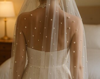 Cathedral Pearl Wedding Veil | Scattered Pearls, Veil with Pearl Edge | Long Bridal Veil | Pearl Edge Veil for Wedding